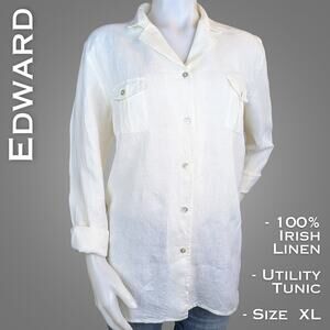 Edward Irish Linen Tunic Shirt XL Ivory Button Down Utility Long Sleeve Classic